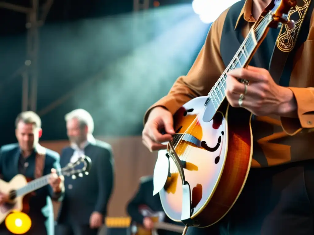 Un músico toca la mandolina en un festival de música folk, con luces cálidas y una audiencia participativa