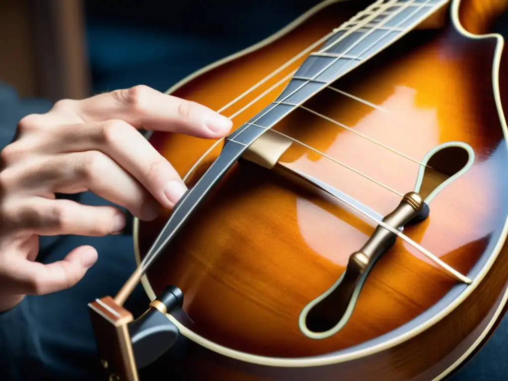 Un músico hábil toca la mandolina, revelando la versatilidad de la mandolina en bluegrass con maestría y pasión