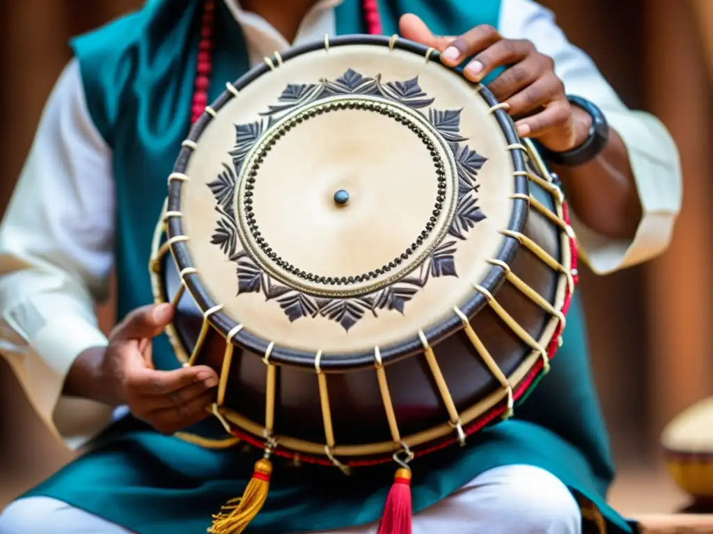 Un músico hábil toca el kanjira, sus manos detalladas y adornadas con joyas tradicionales, resaltan la historia y sonido del kanjira