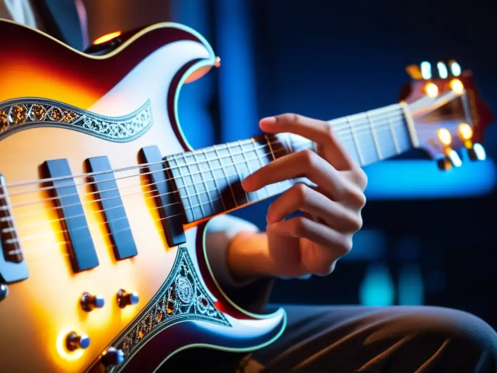 Un músico concentra sus manos en una guitarra MIDI, mostrando la innovación musical digital con luces LED y picks