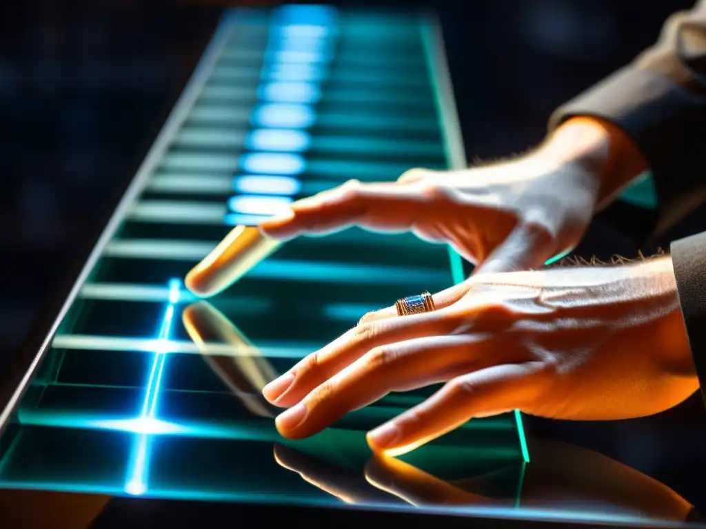 Un músico se concentra en el Continuum Fingerboard, sus manos crean música electrónica en un ambiente etéreo y oscuro