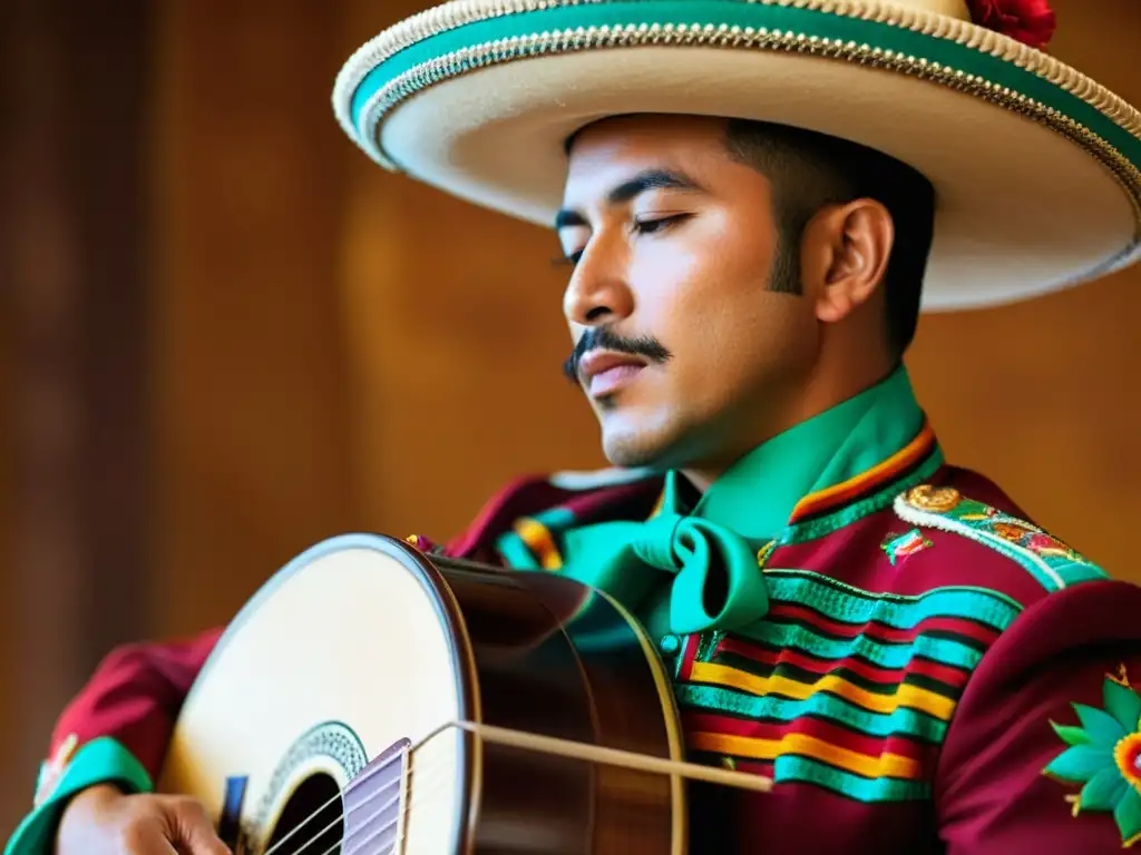 Un músico de mariachi apasionado tocando una vihuela, destaca la artesanía y la herencia renacentista de la música mariachi