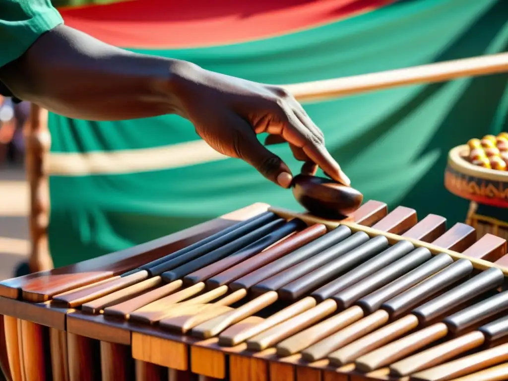 Un músico toca una marimba africana en un bullicioso mercado, mostrando la resonancia cultural de la marimba africana