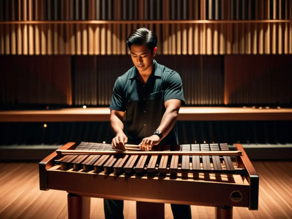 El músico toca una marimba electrónica en un teatro con luz cálida, fusionando lo tradicional con lo moderno