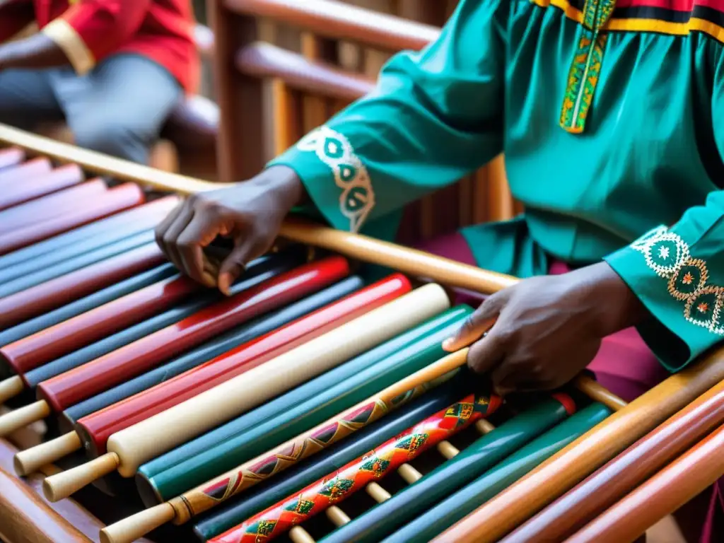 Un músico toca una marimba de tubos Lozi en Zambia, mostrando la rica tradición cultural y la destreza en la interpretación