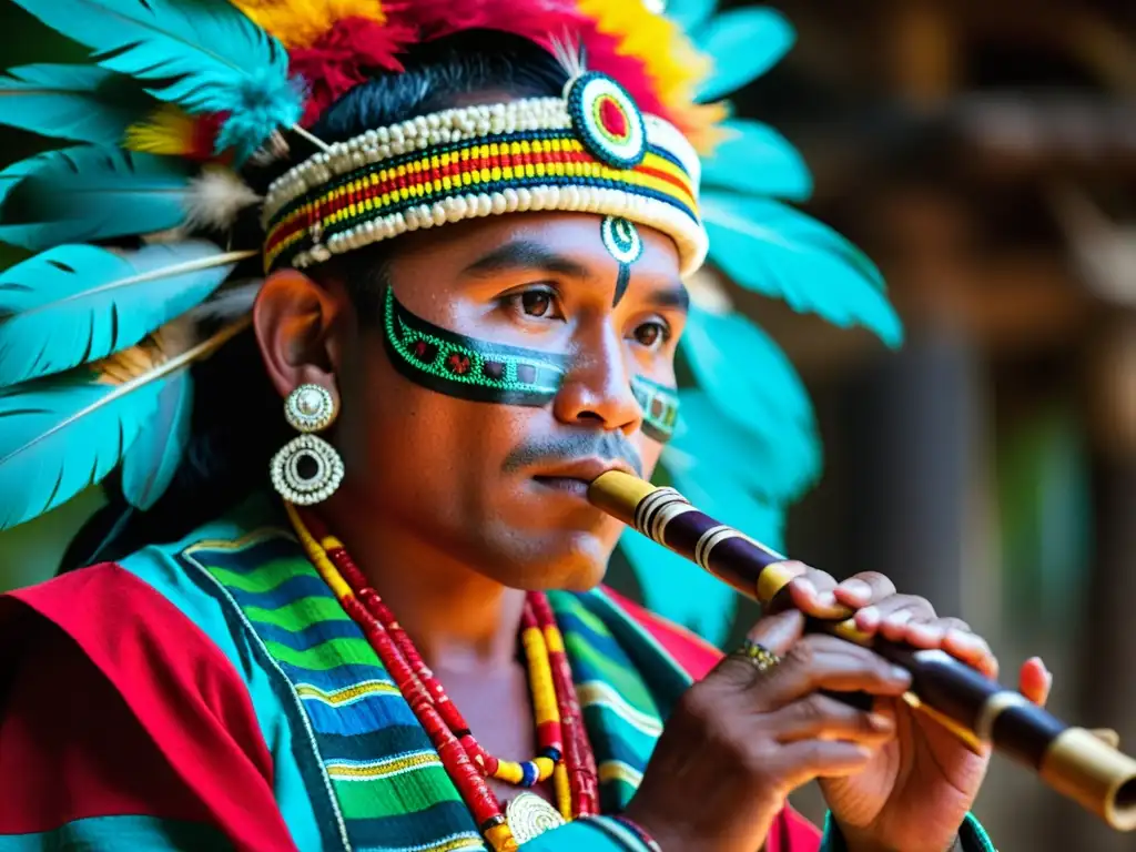 Un músico maya toca una flauta en una ceremonia ancestral