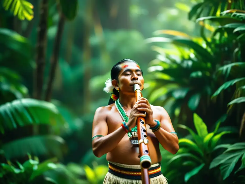 Un músico maya toca una flauta de madera adornada con plumas vibrantes y trabajo de cuentas, en la selva