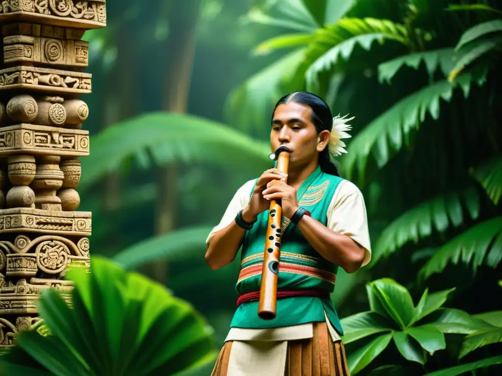 Un músico maya viste traje tradicional y toca una flauta de madera tallada en medio de exuberante vegetación y ruinas antiguas, evocando la conexión con la naturaleza y la historia en la música en la cosmovisión prehispánica