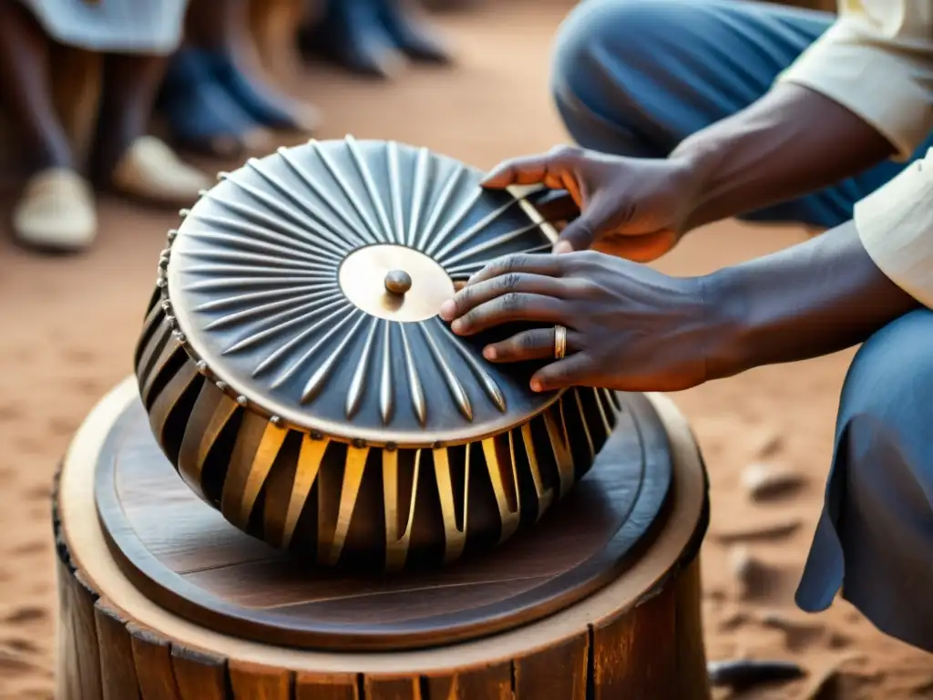 Un músico toca un mbira africano en una aldea rural, rodeado de colores y sonidos tradicionales bajo la luz dorada del atardecer