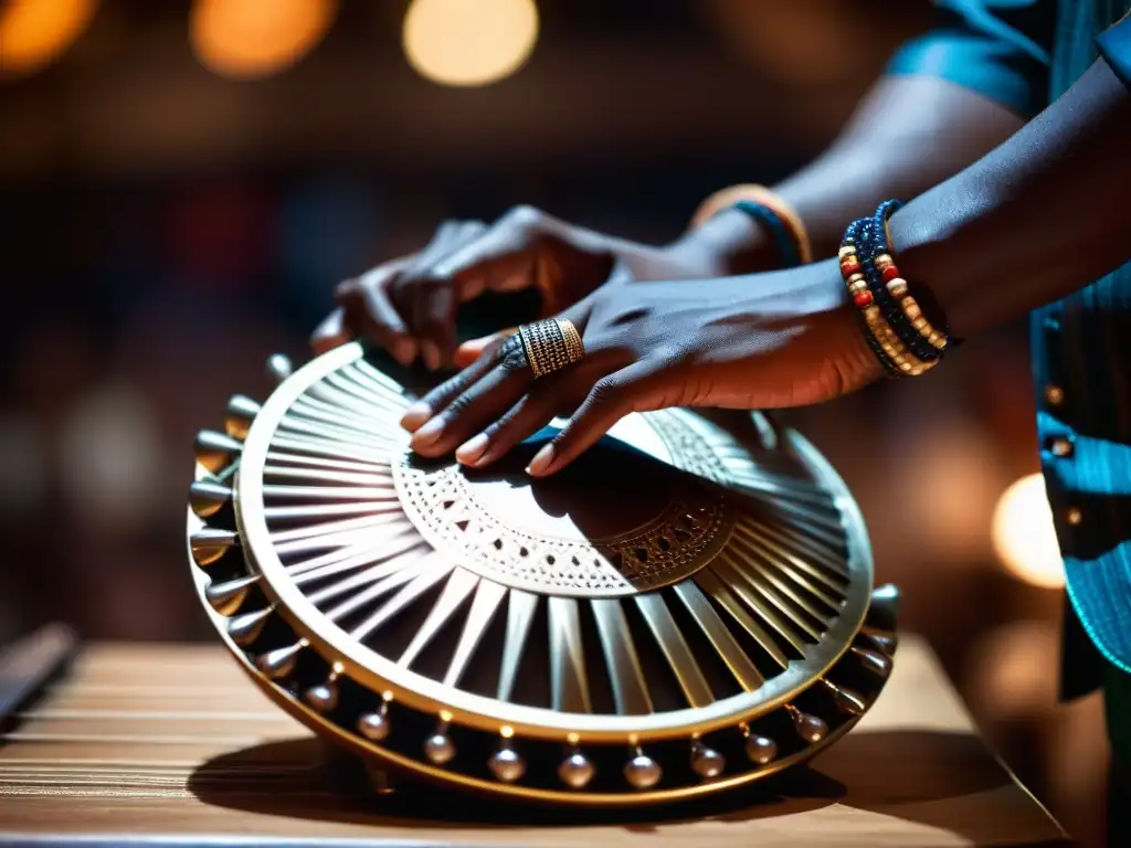 Un músico toca el mbira amplificado con destreza, rodeado de la atmósfera íntima de un concierto