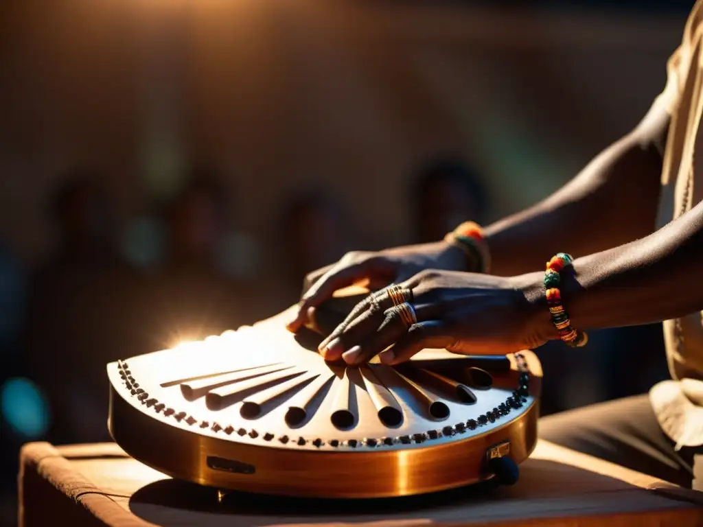 Un músico toca el mbira amplificado en un escenario tenue, destacando la riqueza cultural y relevancia contemporánea de este instrumento en la música