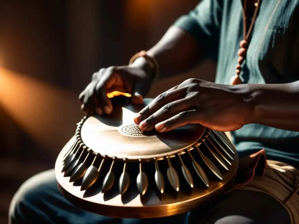 Un músico toca el mbira en una atmósfera cálida y mística, resaltando el significado cultural del Mbira africano