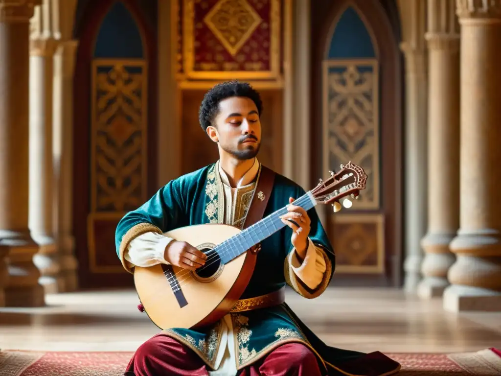 Un músico medieval toca un laúd en un salón decorado con tapices