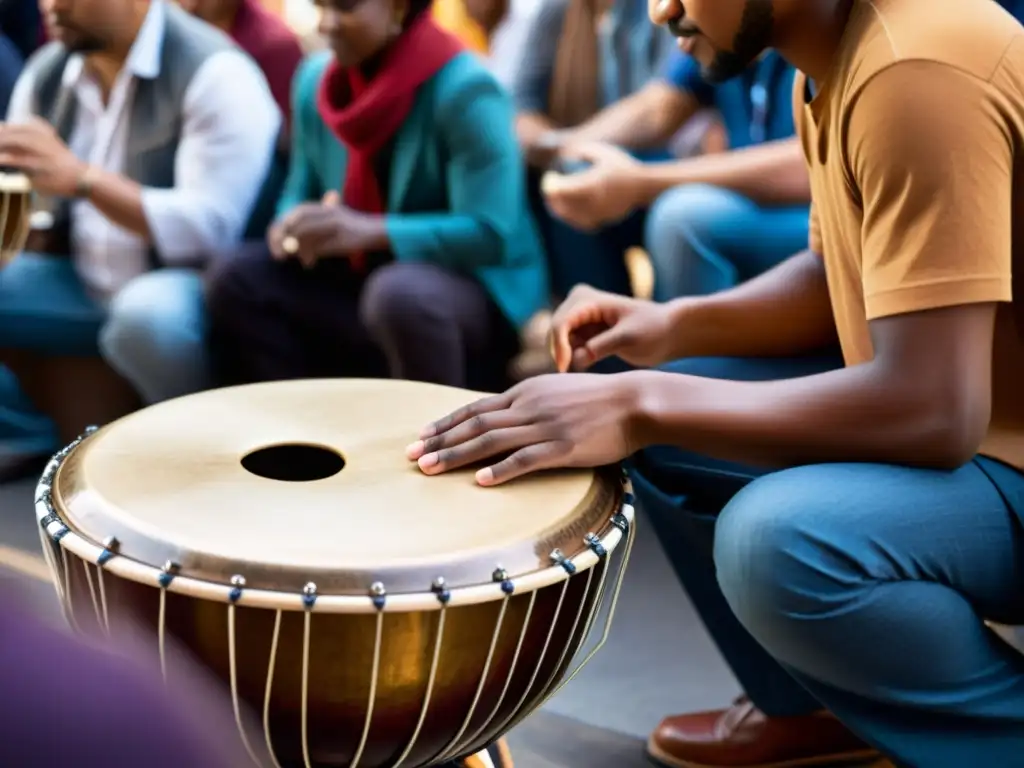 Un músico toca el Hang Drum en medio de una multitud diversa en la ciudad, creando un sonido hipnótico