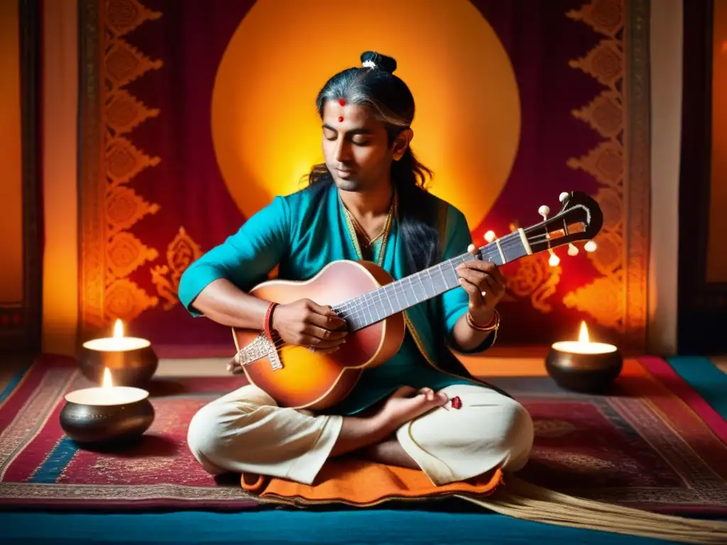 Un músico de sitar en meditación espiritual, rodeado de velas y humo de incienso