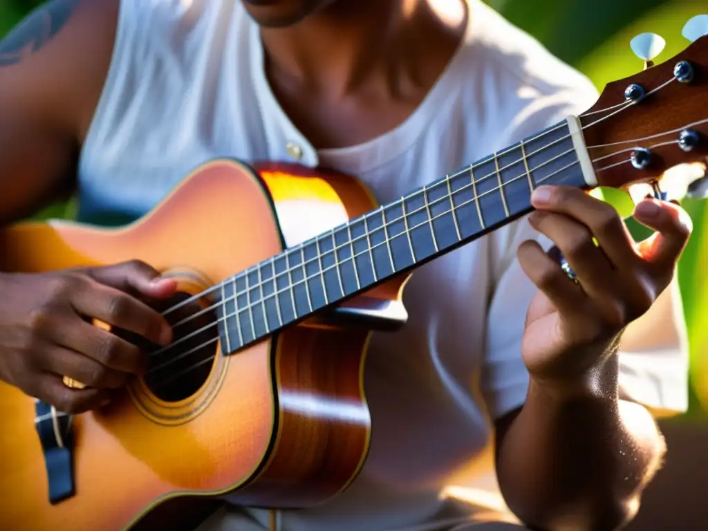 Un músico improvisa una melodía tropical en el ukelele al atardecer, mostrando la destreza y la pasión