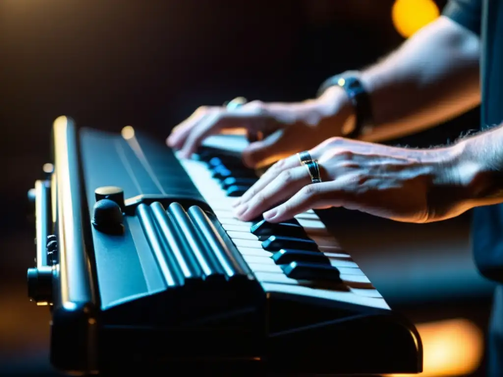 Melodioso virtuosismo: manos expertas en la melodica Un músico toca la melódica en un escenario con otros artistas, transmitiendo la emotividad de su actuación