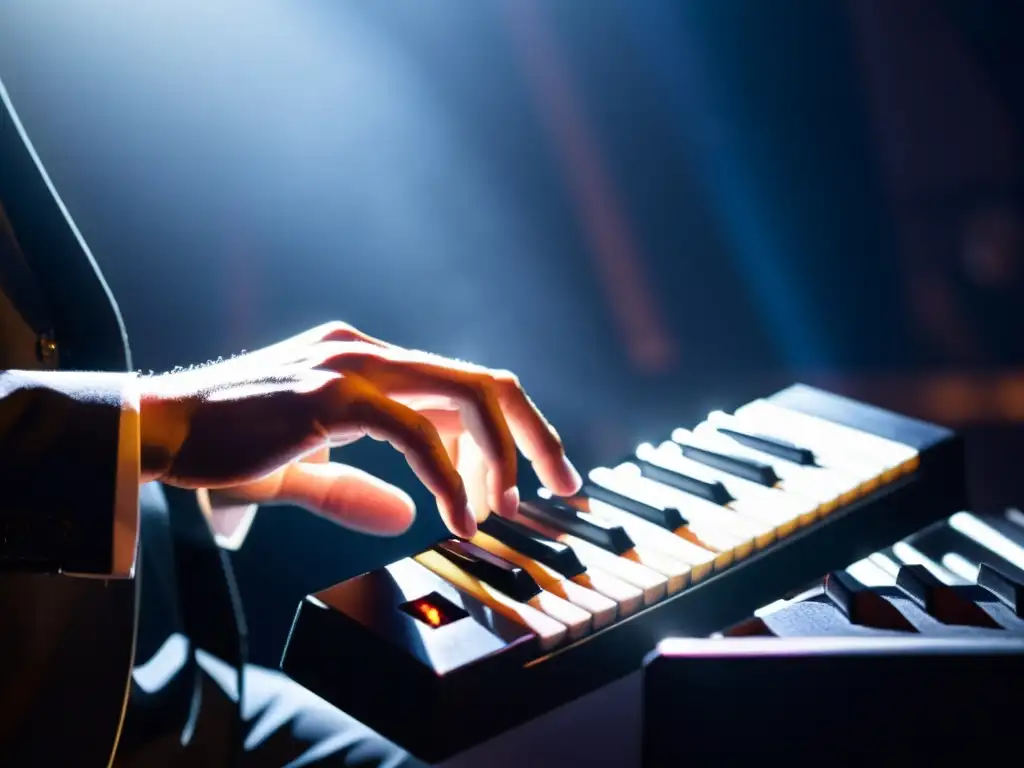 Intensa interpretación de melodica en vivo Un músico interpreta apasionadamente la melodica en el escenario durante un concierto en vivo