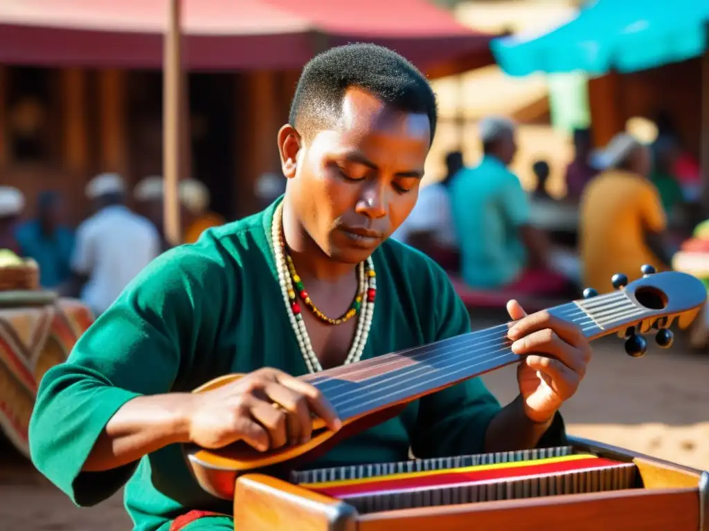 Un músico malgache toca la valiha en un mercado vibrante de Madagascar