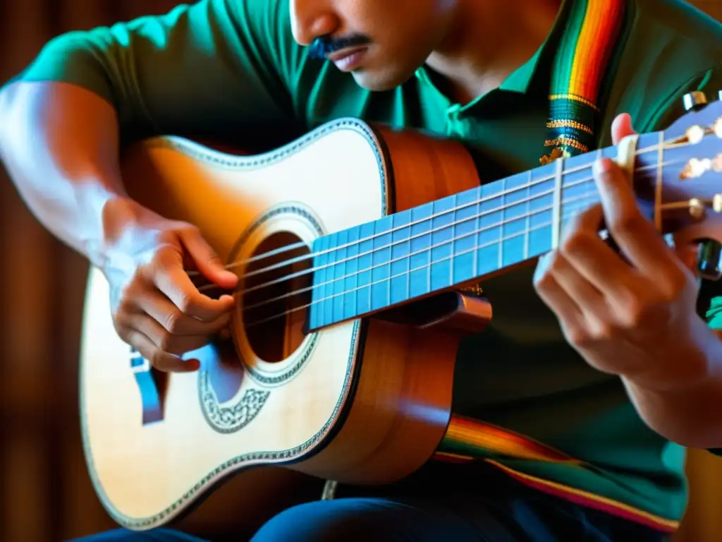 Un músico hábil toca la vihuela mexicana con pasión, resaltando la textura de las cuerdas y el cuerpo del instrumento