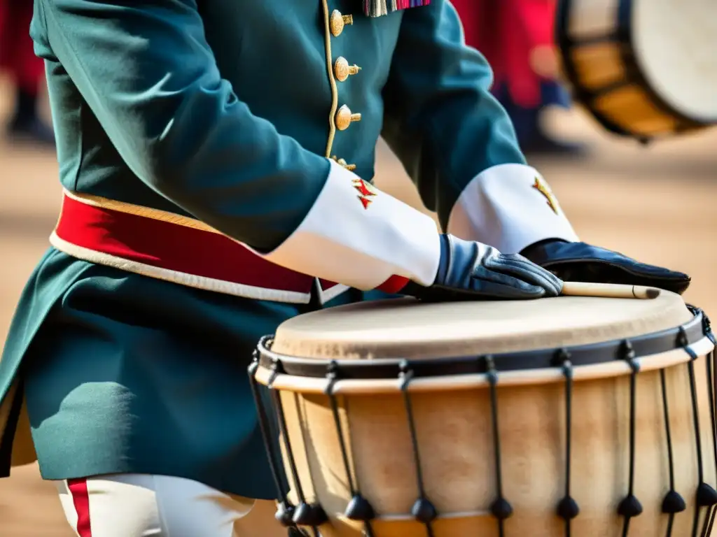 Un músico militar toca la tarola con intensidad, mostrando la adaptación de ritmos militares a la música