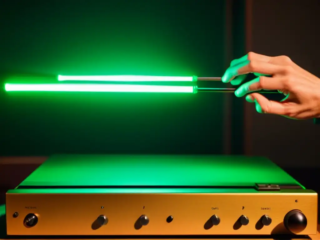 Magia en Verde: Músico y Theremin crean atmósfera misteriosa Un músico concentra su mirada sobre las antenas de un Theremín vintage en una habitación tenue, con un resplandor verde misterioso