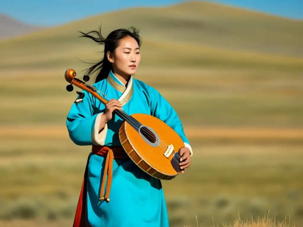 Un músico mongol interpreta una melodía conmovedora con su Morin Khuur Mongol bajo el cielo abierto de la estepa