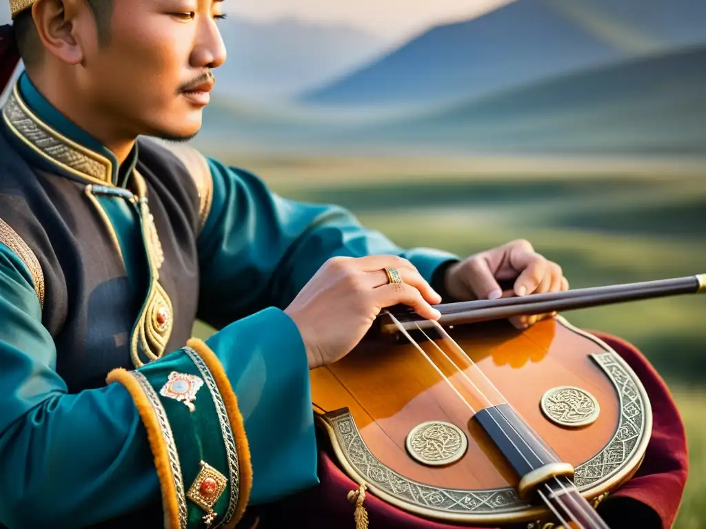 Un músico hábil toca el Morin Khuur Mongol, mostrando detalles detallados con iluminación suave y paisaje mongol