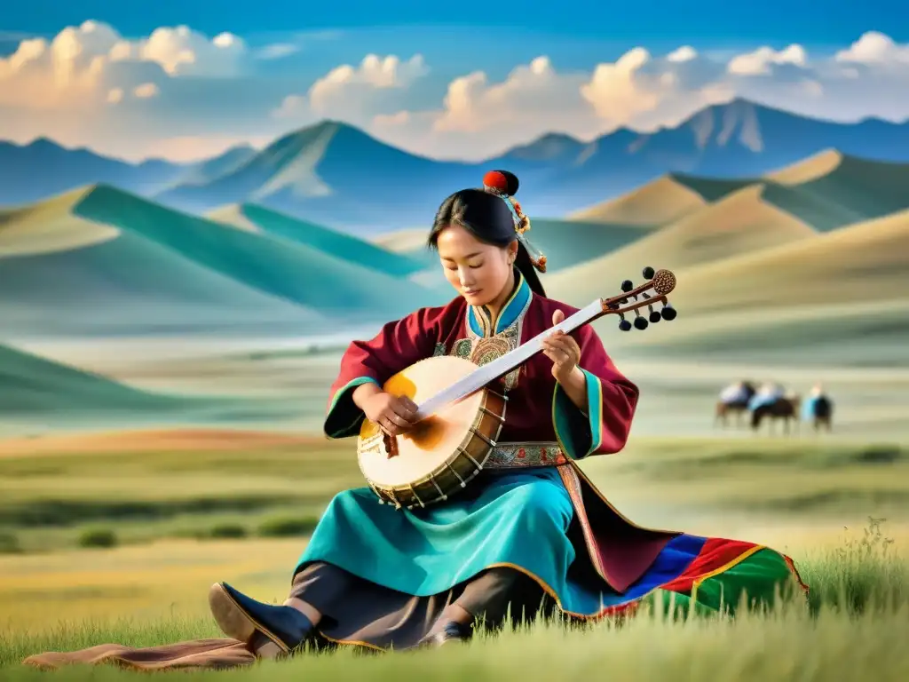 Un músico hábil toca el morin khuur mongol bajo el vasto cielo de Mongolia, rodeado de praderas y montañas distantes