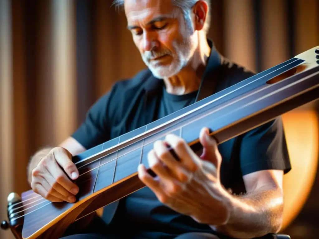 Un músico tocando un Chapman Stick, con movimientos detallados y expresión apasionada