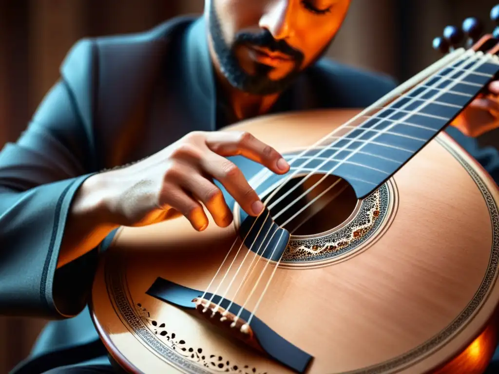 Un músico hábil tocando el Oud, con movimientos gráciles sobre las cuerdas, resaltando la fusión de tradición y modernidad electrónica