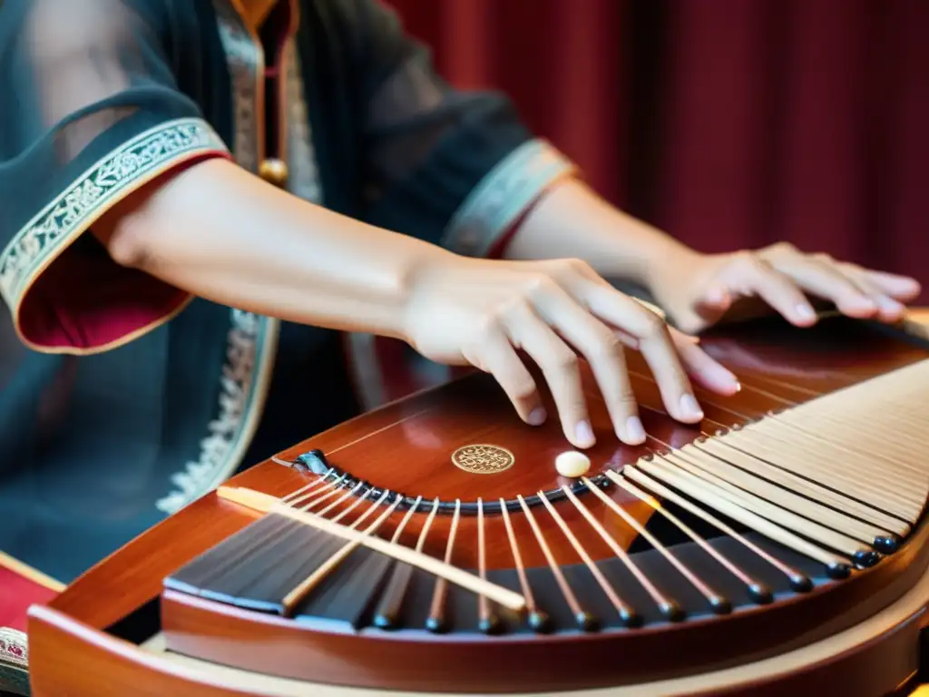 Un músico toca con maestría el guzheng, mostrando la conexión con la música y la tradición china, resaltando la historia y construcción del guzheng