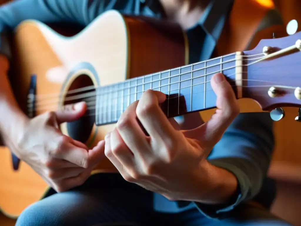 Un músico se sumerge en la música, tocando la guitarra con pasión y precisión, en un espacio íntimo y acogedor