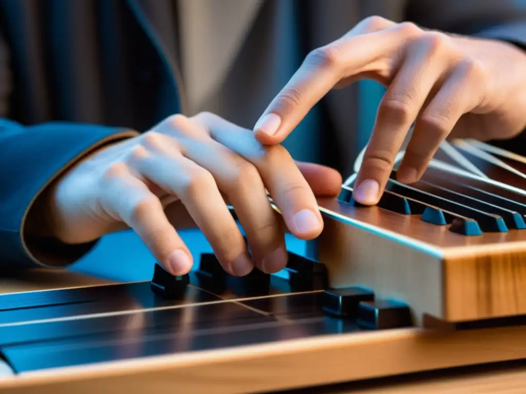 Un músico se sumerge en la música al tocar un teclado expresivo Continuum, con movimientos precisos y expresión concentrada