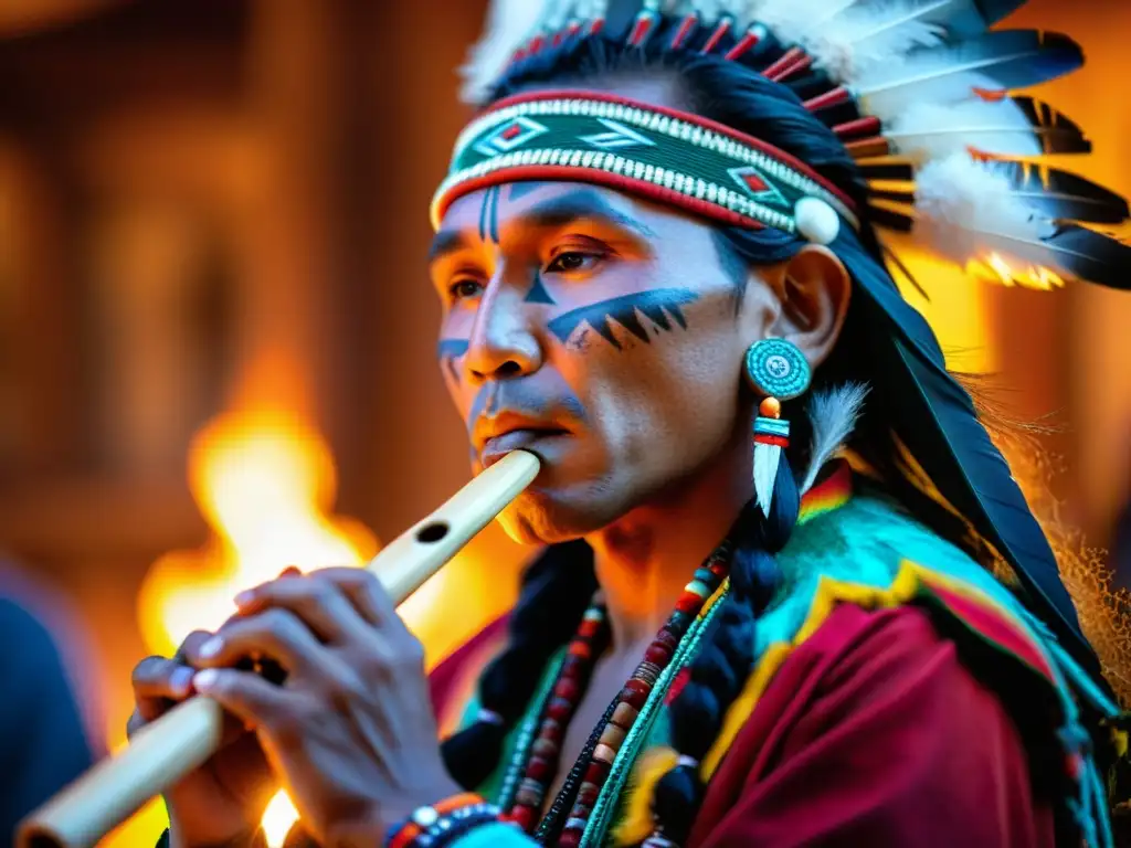 Un músico nativo toca una flauta de madera durante un ritual sagrado, evocando la reverencia por la naturaleza