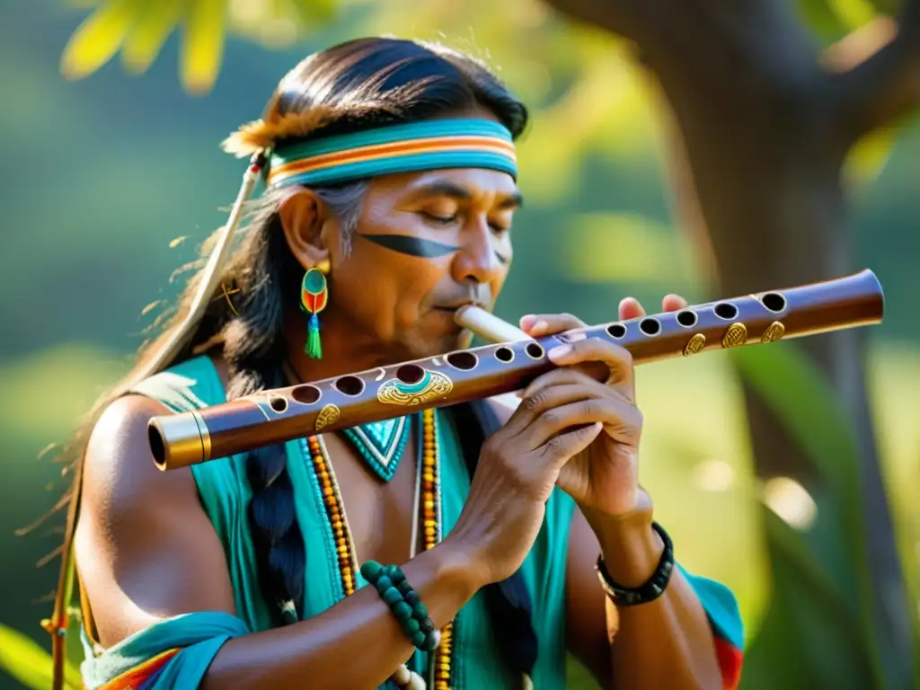 Un músico nativo toca una flauta tradicional bellamente decorada entre la naturaleza