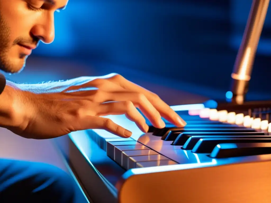 Un músico manipula con naturalidad un instrumento musical digital, destacando la ergonomía en instrumentos digitales musicales