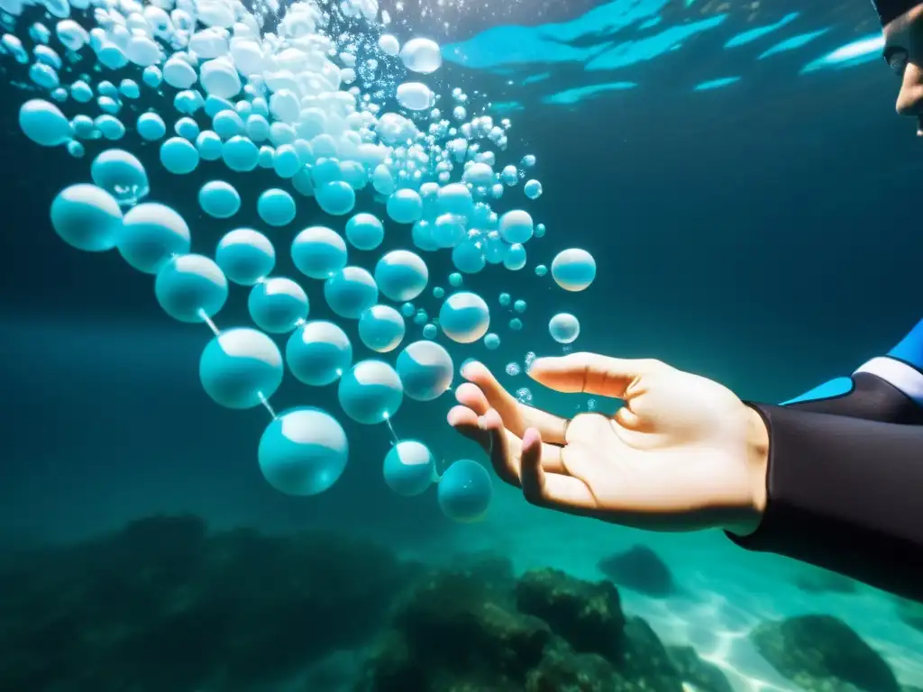 Un músico en neopreno toca un instrumento musical subacuático, creando rizos y burbujas en el agua cristalina