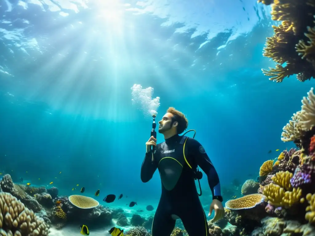 Un músico en neopreno toca un instrumento submarino entre un arrecife de coral vibrante, rodeado de vida marina colorida