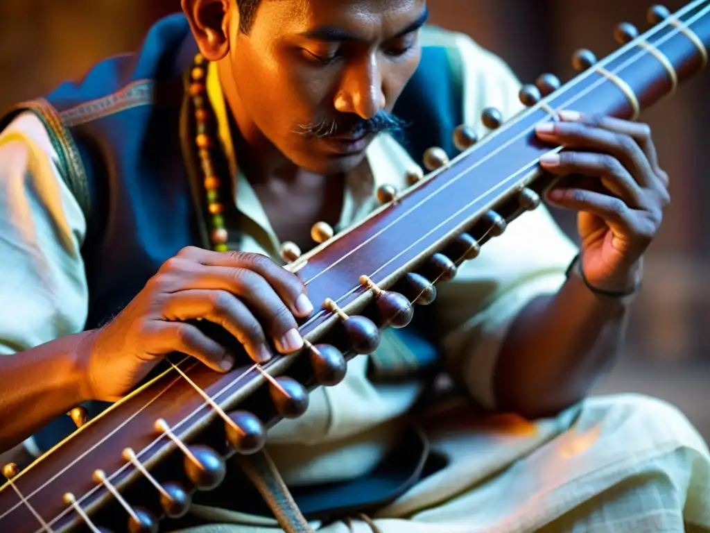 Un músico nepalí toca el sarangi con destreza, concentración y pasión, resaltando la rica herencia musical del Himalaya