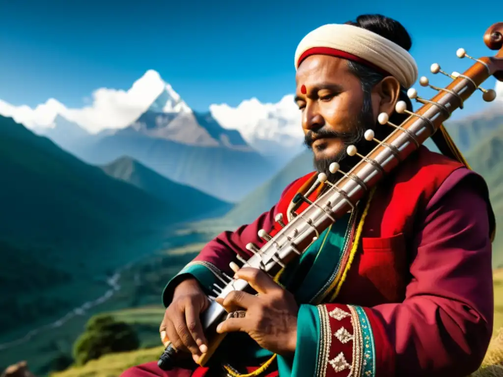 Un músico nepalí toca un sarangi frente a los majestuosos Himalayas, conectando la música con el paisaje