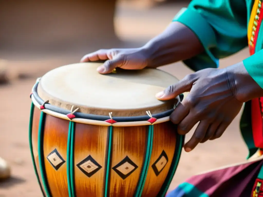 Un músico hábil toca un Ngoma tambor tradicional en una vibrante aldea de Tanzania, creando ritmos que llenan el aire