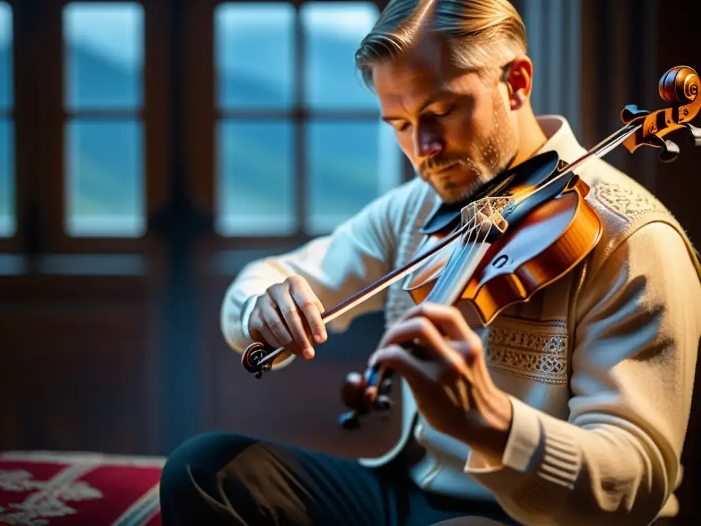 Un músico noruego toca el Hardanger fiddle en un ambiente atmosférico, resaltando la historia y sonido del instrumento