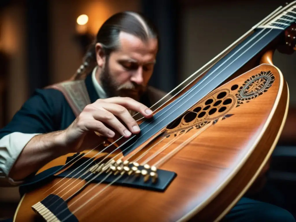 Un músico toca una nyckelharpa sueca en un ambiente atmosférico con un sonido encantador nyckelharpa sueca