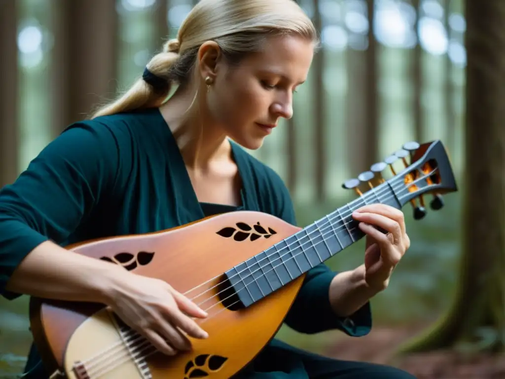 Un músico toca una nyckelharpa sueca en un bosque tenue