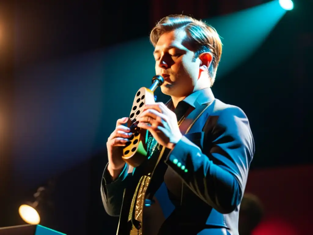 Un músico toca una ocarina en un escenario durante un concierto de fusión, fusionando lo tradicional y lo contemporáneo