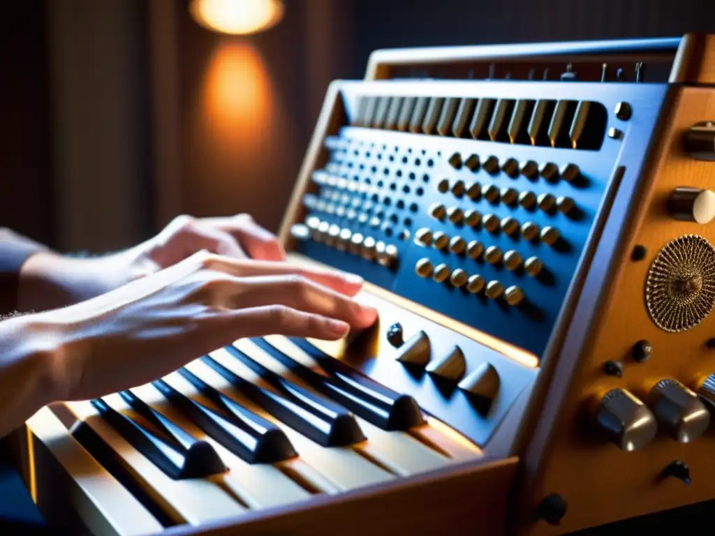 Un músico toca un Omnichord vintage en un estudio de grabación, mostrando dedicación a la producción pop