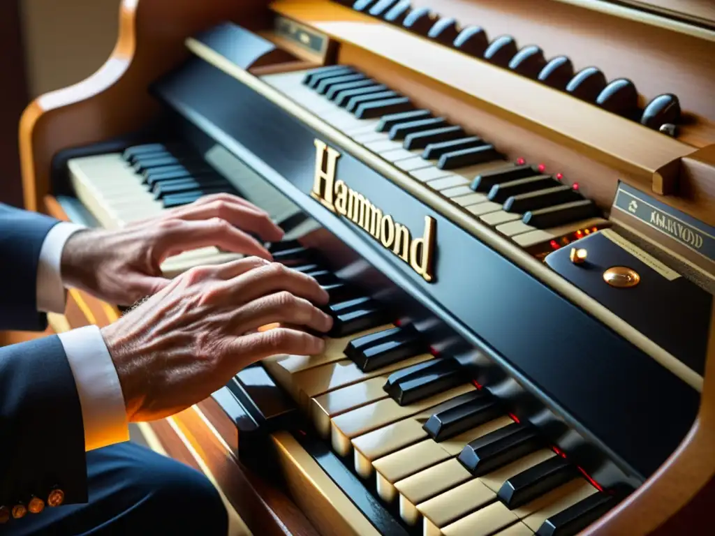 Un músico toca con maestría un órgano Hammond vintage, fusionando tradición y modernidad en la música contemporánea