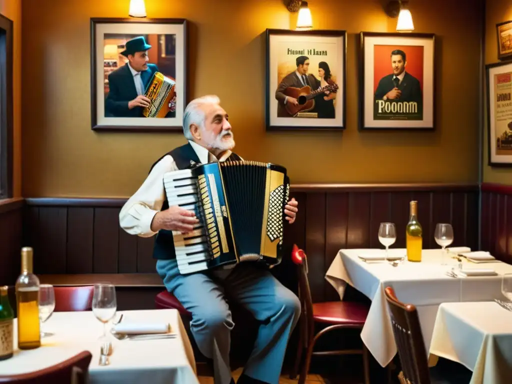 Un músico de origen italiano toca el acordeón en un restaurante acogedor, con gente escuchando y disfrutando de la música italiana en América