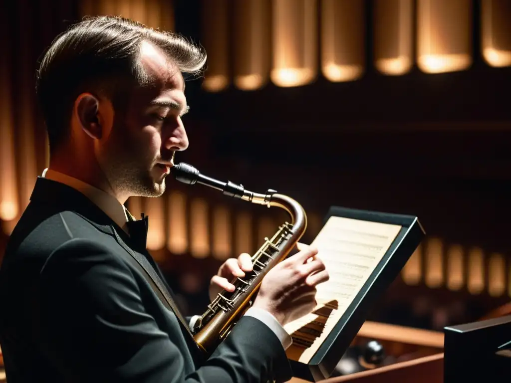 Un músico tocando el oscuro sonido del heckelphone en un teatro iluminado, con la orquesta y la audiencia en silueta